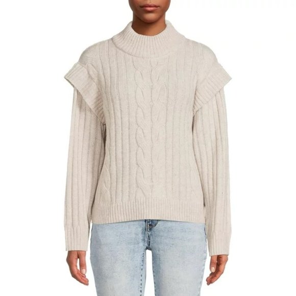 Time & tru women's high neck sweater M 8-10 beige cream Ribbed Cable Knit W-312 - Picture 1 of 4
